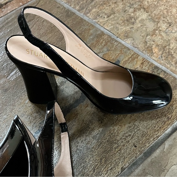 🍃💕NIB STUART WEITZMAN Curve 85 Black Patent Block Heel Slingback Pump Size 9.5 - Picture 8 of 16